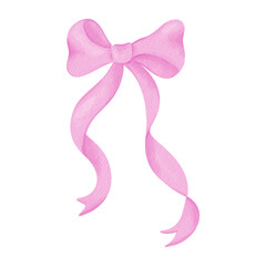 Watercolor pink bow, ribbon silk, illustration for design and print.