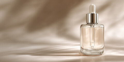 Skincare serum dropper bottle displaying cosmetic product on a clean neutral background with soft, airy, natural light and shadow play copy space banner