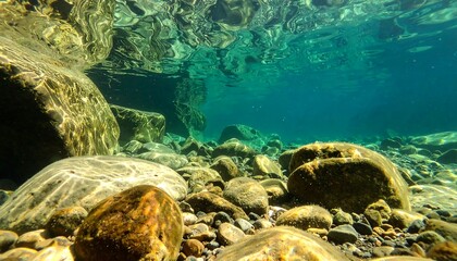 Underwater Riverbed Scene with Rocks and Clear Water.