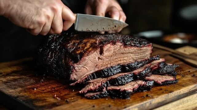Chef slicing smoked brisket on wooden cutting board for food preparation