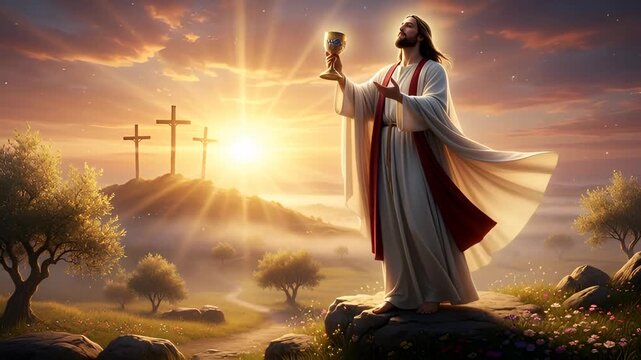 Jesus Christ holding chalice with three crosses on hill at sunrise, a religious concept for faith and divine love.