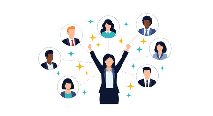Empowered woman leader standing with arms raised connected to a diverse network of professional people in circular frames.