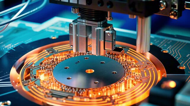 Advanced robotic arm precisely positions a circular component on a glowing circuit board, showcasing intricate details of electronic assembly in a high-tech environment