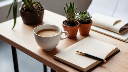 Modern Minimalist Workspace with Laptop, Coffee, and Stationery on a White Desk