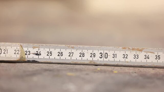 Close up video of a worn folding meter stick on a work surface while the camera slowly pans from left to right.