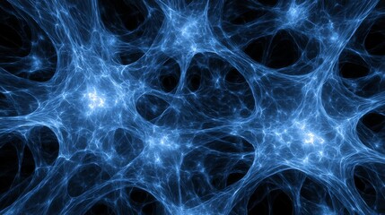 Abstract network of pulsating bioluminescent blue nodes glowing with energy, representing interconnected systems and digital art.