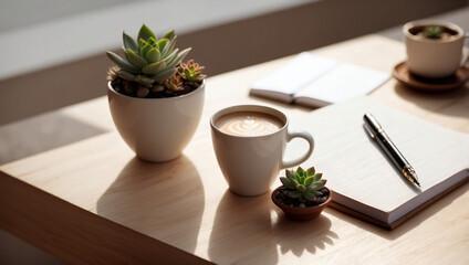 Modern Minimalist Workspace with Laptop, Coffee, and Stationery on a White Desk
