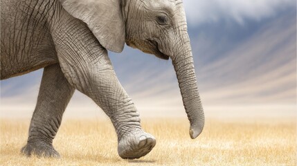 Close-up profile of a young elephant's wrinkled leg and trunk walking through a grassy savanna landscape.