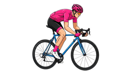 Cyclist in pink jersey riding a blue bike