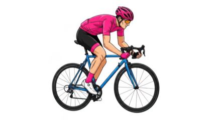 Cyclist in pink jersey riding a blue bike