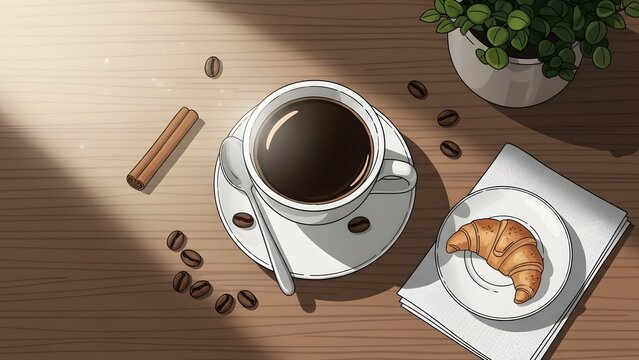 A cup of coffee with a croissant on a wooden table with a plant in the background viewed from above