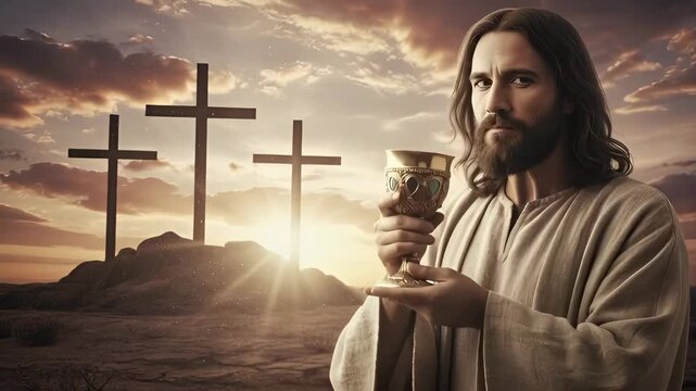 Jesus Christ drinking from sacred chalice with three crosses on hill during dramatic sunset, last supper and new testament symbol