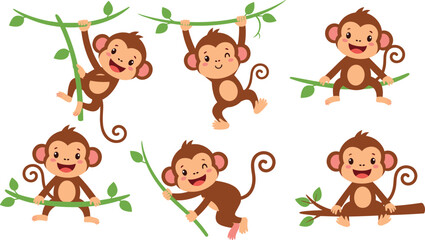 Cute cartoon monkey character activity illustration set, playful jungle animal poses, kids design, smiling, vector style © VectoBloom