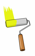 A paint brush roller with a yellow light paint. Bright Wallpaper colour