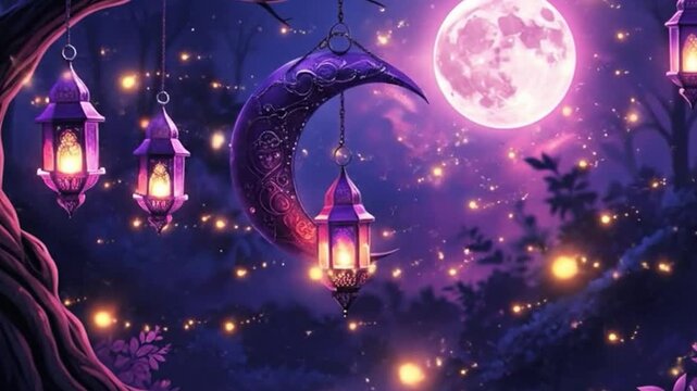 Abstract vector illustration of a bright Christmas tree with stars and snowflakes glowing in the dark night sky of a blue winter landscape