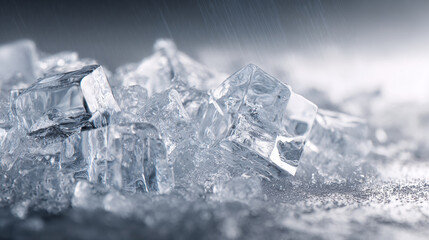 Obraz premium Ice cube closeup on wet surface with melting droplet and cool reflection