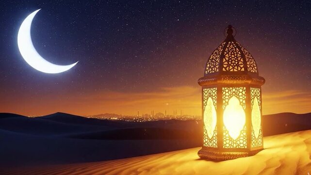 Glowing lantern in desert under crescent moon and starry night sky