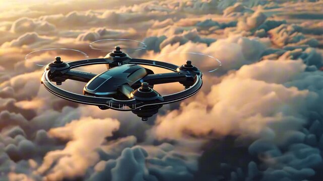 Drone captures aerial views above fluffy clouds, showcasing its sleek design and advanced technology while gliding smoothly through the sky, highlighting its flight capabilities