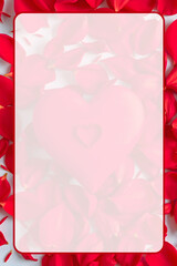 Red heart in red rose petals with hearts under transparent frame. Greeting card, label with place for your message, text. Romantic card.