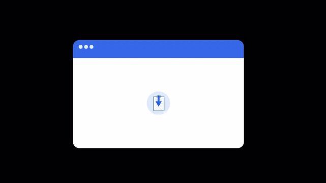 Minimal web browser window interface showing a file download icon on dark background. Clean UI design concept for file saving, data export, and completed download actions.
