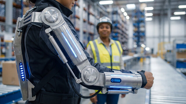 Worker wearing AI powered exoskeleton for enhanced physical capabilities in modern logistics operations