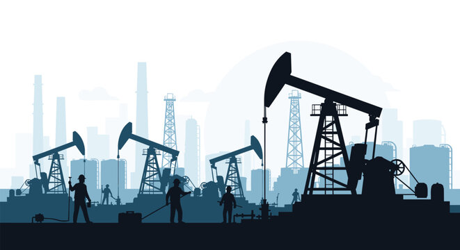 Silhouette of oil pump jacks and workers in a field with a factory and city skyline background for fossil fuel industry.