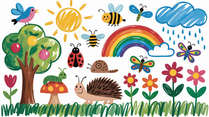 Vibrant collection of cute cartoon nature drawings including garden animals, flowers, sun, and rainbow