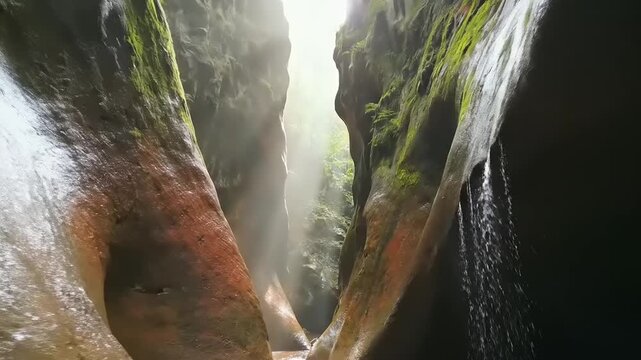 Narrow Slot Canyon Passage with Sunlight Filtering Through Deep Chasm Walls