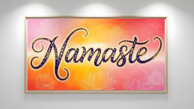 Namaste sign on wall with colorful background and lights