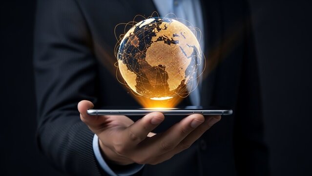 Businessman holding digital globe on tablet device. - Powered by Adobe