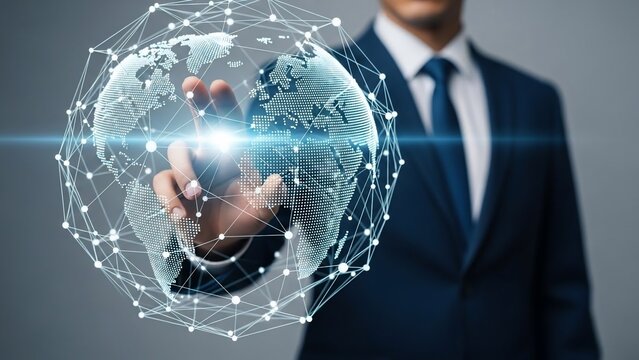 Businessman holding digital globe with connections. - Powered by Adobe