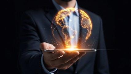 Businessman holding tablet with glowing globe.