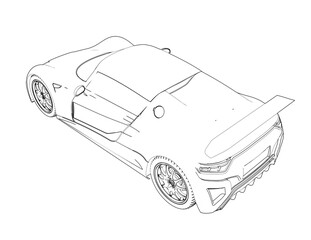 High-Performance Electric Coupe Wireframe Illustration: Sleek Side Profile of a Generic EV Concept Car Technical Draft Drawing - Outline Sketch for Clean Energy and Future Transportation Technology.