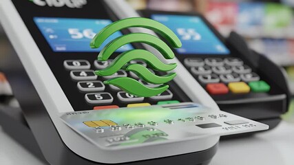 Secure contactless payment processing with wireless technology a credit card being scanned by a point-of-sale terminal showcasing digital security and modern financial transactions - Powered by Adobe