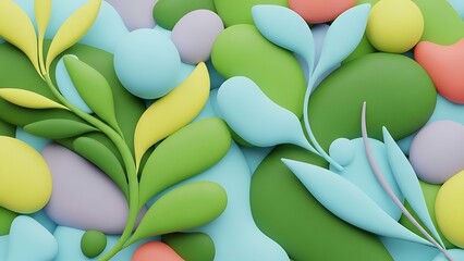 Abstract Pastel Floral Design with Green Leaves and Colorful Blossoms