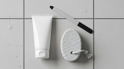 Bathroom essentials including cream tube razor and sponge on tiled surface