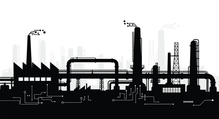 Obraz premium Complex black silhouette of an industrial factory and refinery plant with smoking chimneys and intricate complex piping systems.