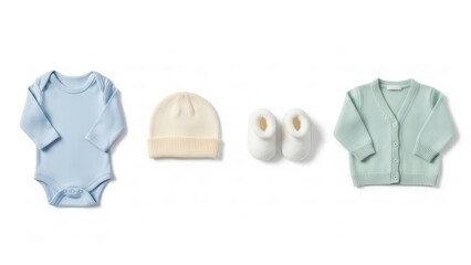 Baby clothing set blue bodysuit cream hat and shoes mint green cardigan isolated white background