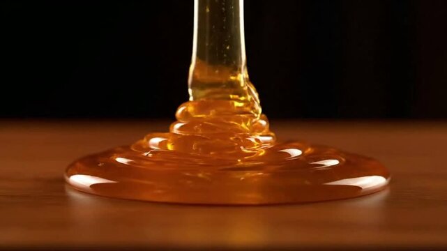Viscous amber honey streams downward slowly onto a warm wooden surface creating a beautiful golden pool of natural sweetness for culinary uses