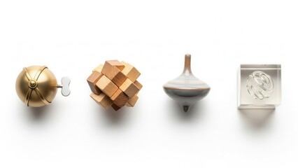 Assorted wooden toys and objects white background minimalist composition studio lighting