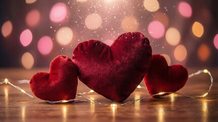Romantic Red Hearts Still Life with Fairy Lights and Bokeh Background