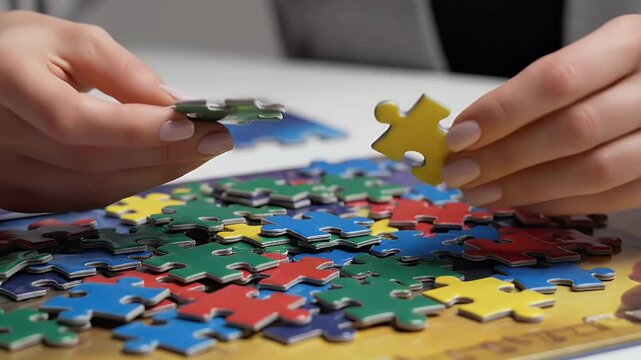 Hands assembling a colorful jigsaw puzzle on a white table symbolizing problem-solving teamwork and finding solutions through collaboration and strategic thinking