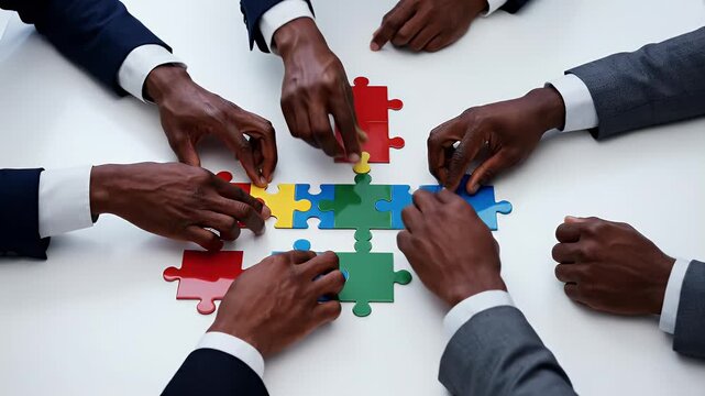Diverse team collaboratively completes a jigsaw puzzle representing teamwork problem-solving and strategic alignment for business success and innovative solutions