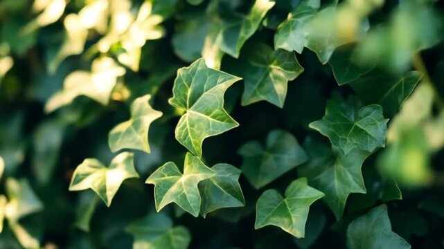 Close up of lush green ivy leaves bathed in soft sunlight