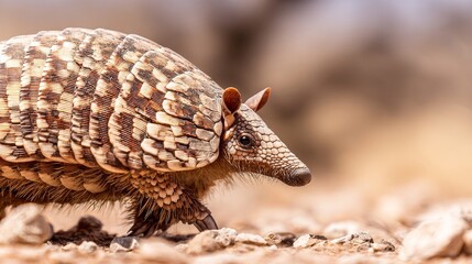 Fototapeta premium Rugged nine-banded armadillo with keratinous scutes walking on sandy ground
