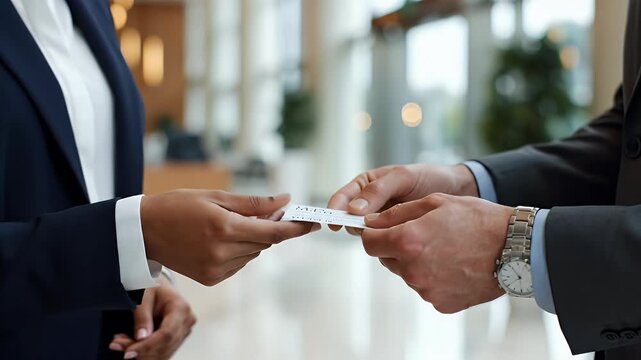 Business professionals exchanging a business card in a modern office lobby a symbol of networking collaboration and professional connection for corporate use