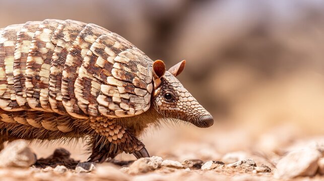 Rugged nine-banded armadillo with keratinous scutes walking on sandy ground