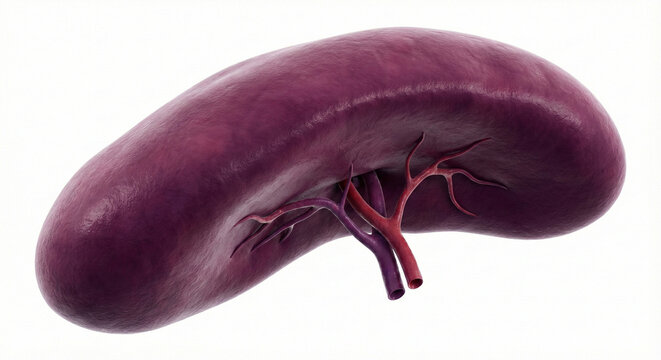 A photorealistic 3D render of a human spleen, anatomically correct, clean and healthy deep purple-red smooth tissue texture, showing its characteristic fist-like shape and the splenic artery and vein