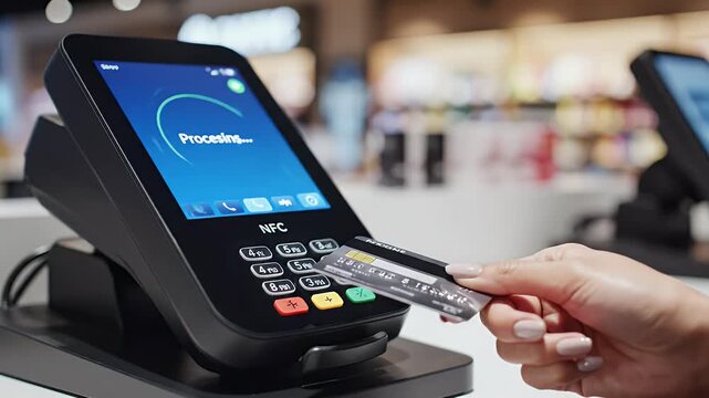 Customer swipes a credit card at a modern point-of-sale terminal in a retail store showcasing contactless payment technology and secure transactions for online shopping