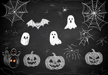 Scattered Halloween chalk drawings of ghosts, pumpkins, bats, spiders, and webs on a dark chalkboard background